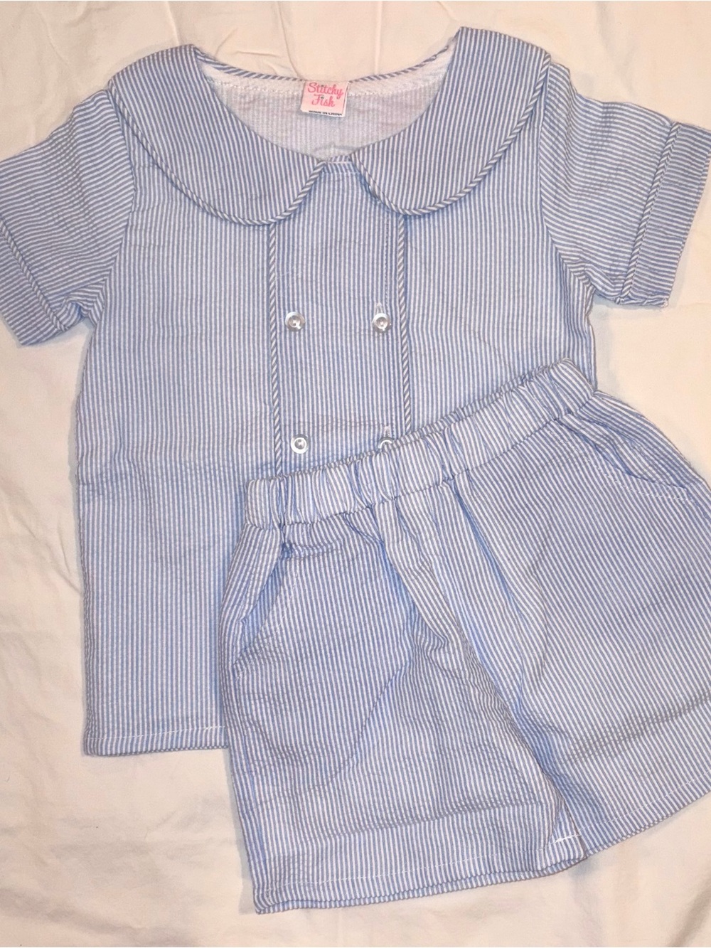 Stitchy Fish blue Simple seersucker short set sz 2T NWT